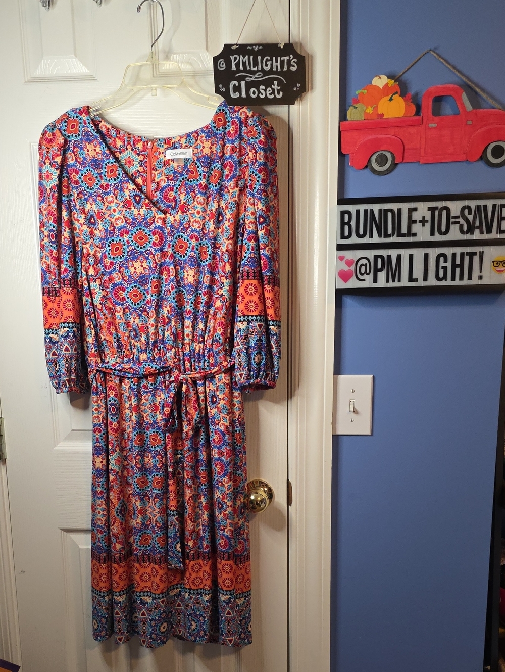 Calvin Klein Colorful Bohemian Midi Dress 14 Floral Orange Teal Black Yellow